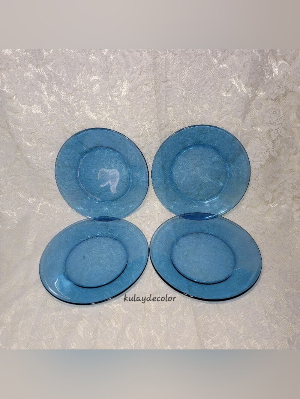 Vintage Transparent Sapphire Blue Pressed Glass Dinner Plates 10" Set of 4 MCM